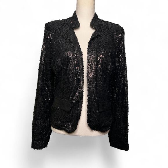 Cherish Size Large Black Sequin Evening Blazer Jacket Open Front Fully Lined - Picture 1 of 11